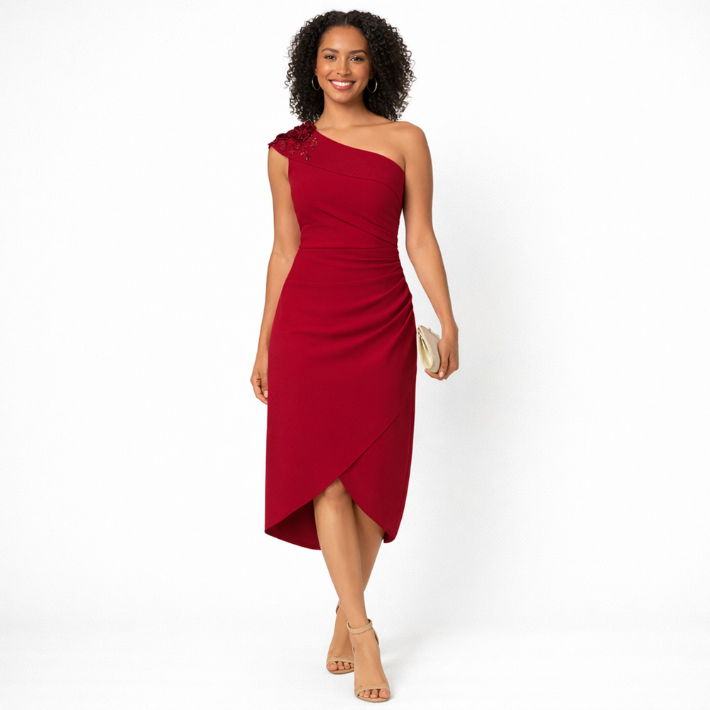 Adrianna Papell Formal Cocktail Dress Womens 6 Red Beaded Wedding Party Midi
